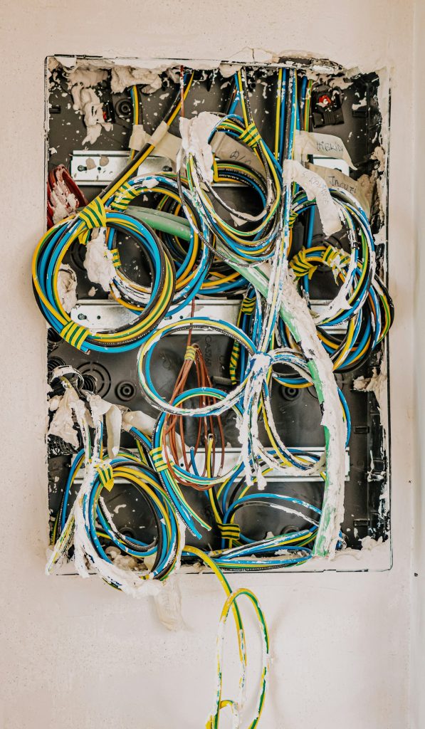 Junction box with colored cables prepared for connection